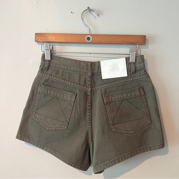 Zulu & Zephyr 100% Cotton Denim Shorts High Waist Olive - Picture 3 of 8